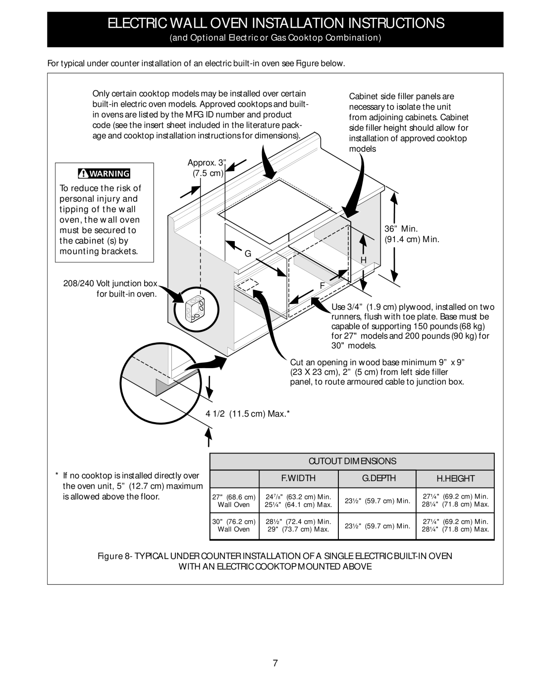 Electrolux B installation instructions Cutout Dimensions Width Depth Height, With AN Electric Cooktop Mounted Above 