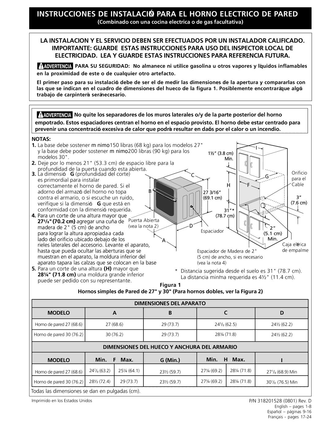 Electrolux C, B installation instructions Notas, Dimensiones DEL Aparato Modelo, Min Max 