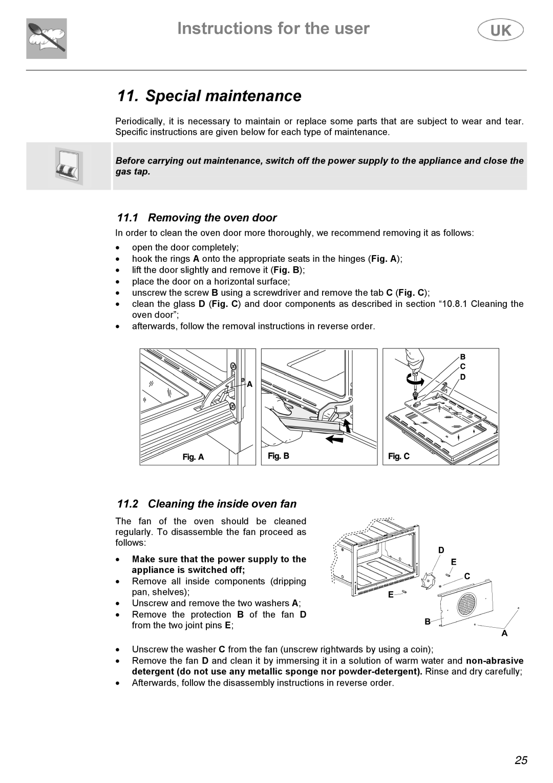 Electrolux C41022G manual Special maintenance, Removing the oven door, Cleaning the inside oven fan 