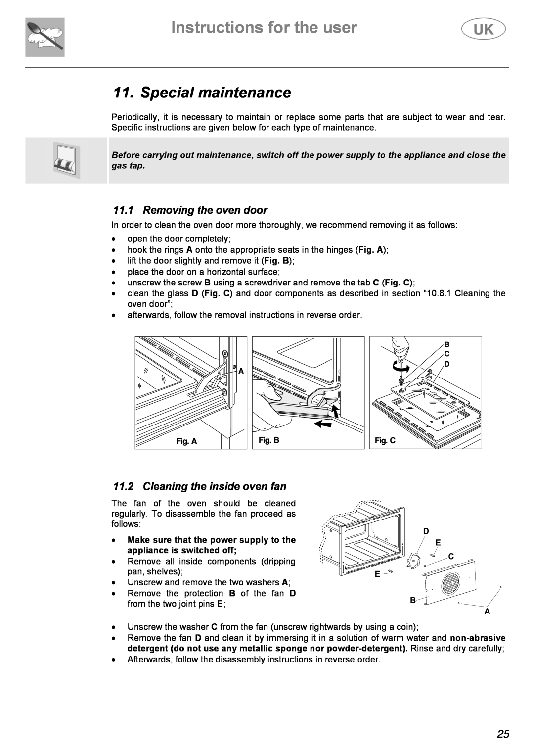 Electrolux C41022G Special maintenance, Removing the oven door, Cleaning the inside oven fan, Instructions for the user 