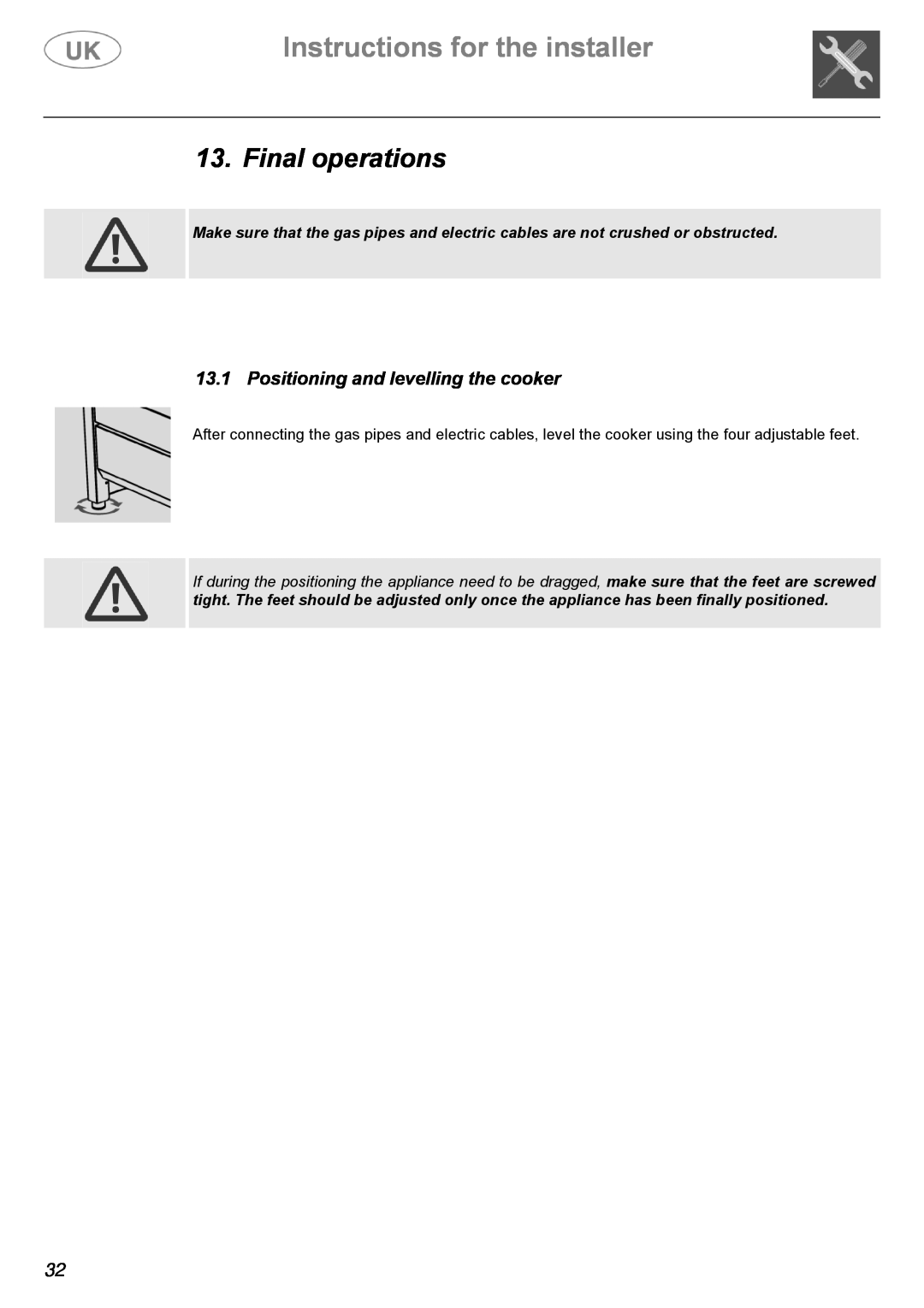 Electrolux C41022G manual Final operations, Positioning and levelling the cooker, Instructions for the installer 