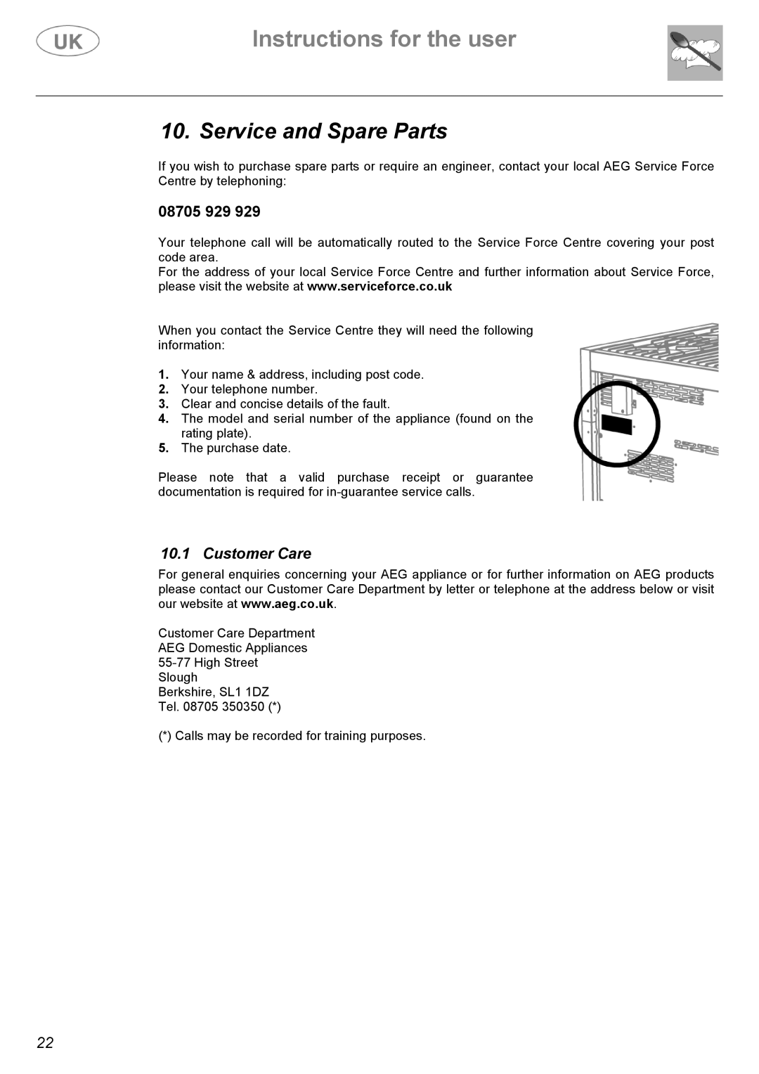 Electrolux C41029G, C41029V manual Service and Spare Parts, Customer Care 