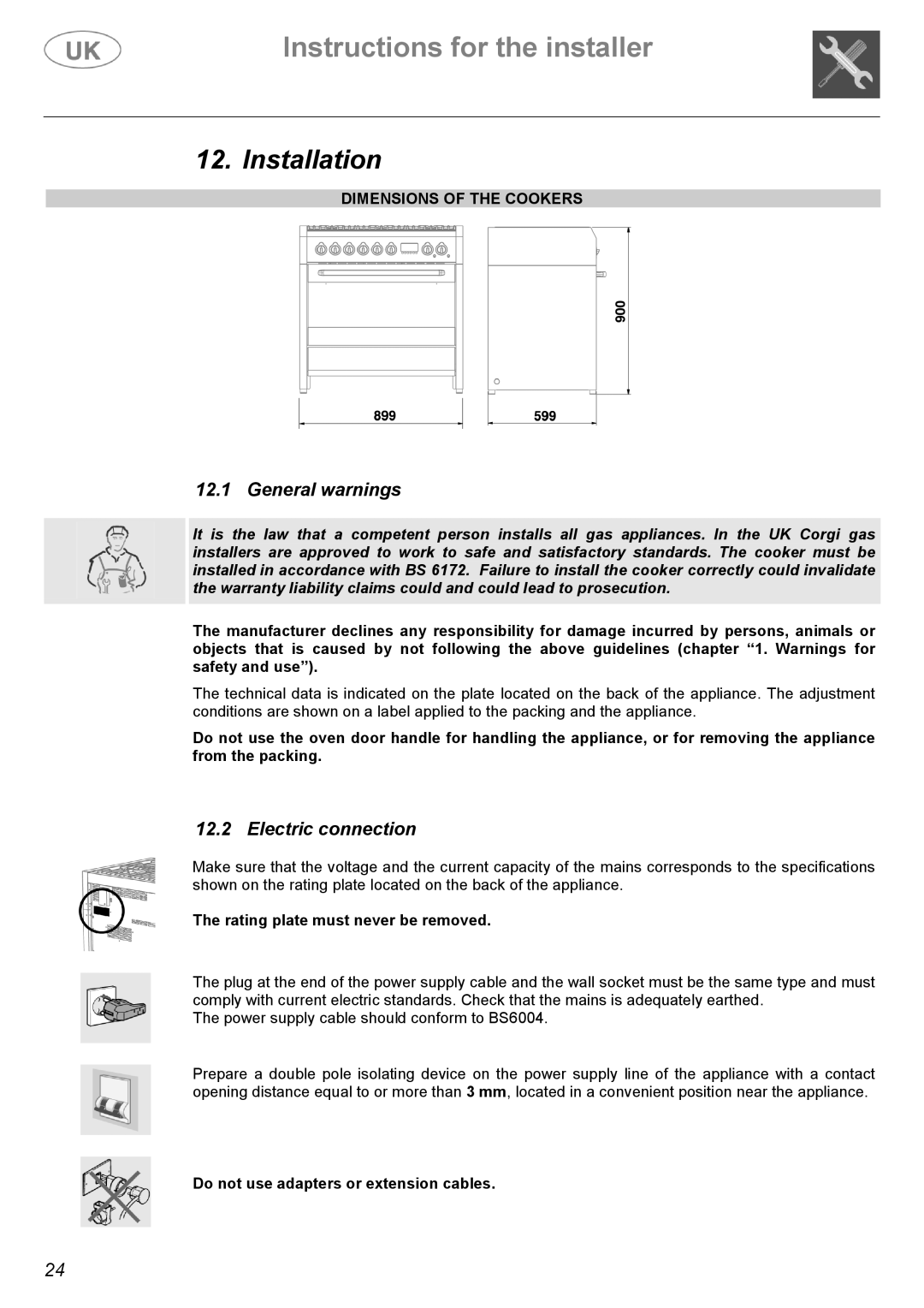 Electrolux C41029G manual Installation, Electric connection, Dimensions of the Cookers, Rating plate must never be removed 