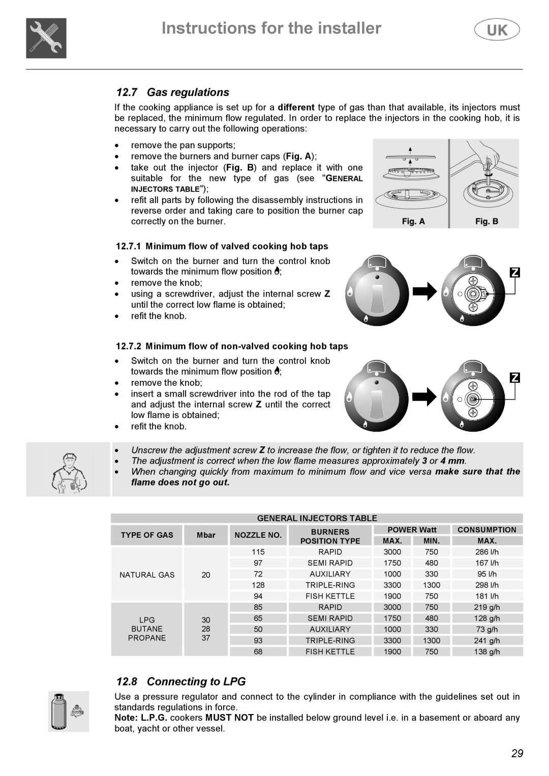 Electrolux C41029V, C41029G manual Gas regulations, Connecting to LPG, Minimum flow of valved cooking hob taps 