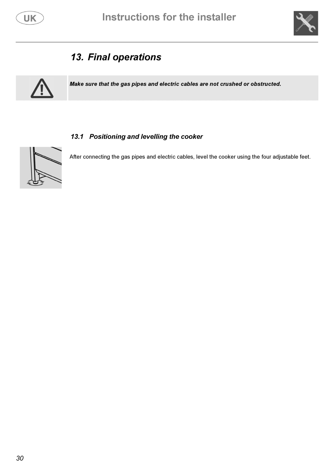 Electrolux C41029G, C41029V manual Final operations, Positioning and levelling the cooker 