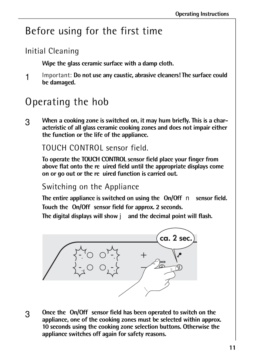 Electrolux C65030K Before using for the first time, Operating the hob, Initial Cleaning, Touch Control sensor field 