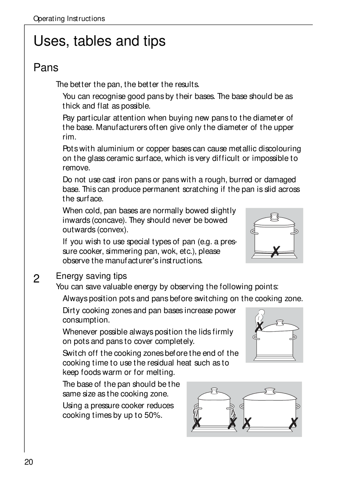 Electrolux C65030K operating instructions Uses, tables and tips, Pans, Energy saving tips 