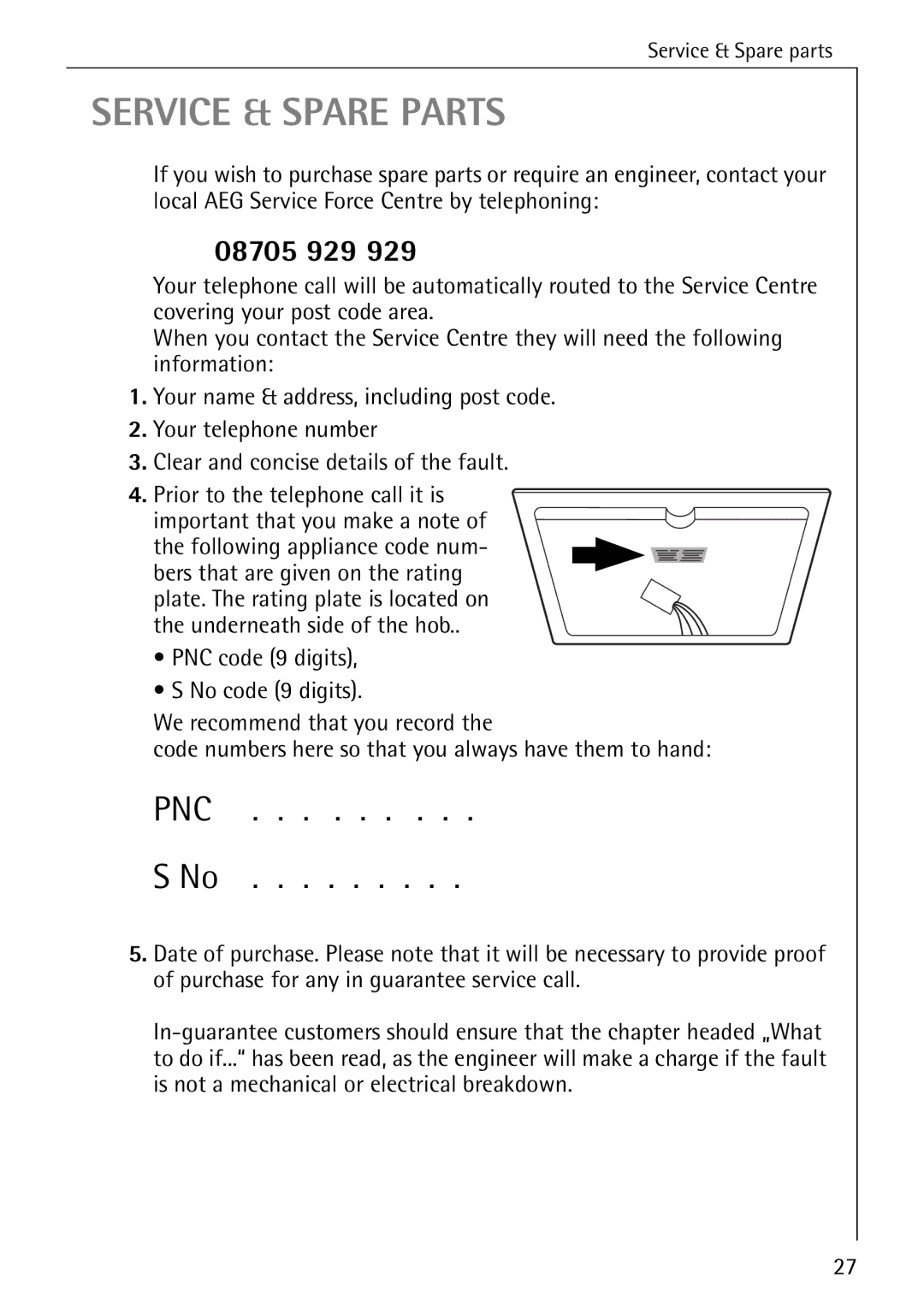 Electrolux C65030K operating instructions Service & Spare Parts, 08705 929 