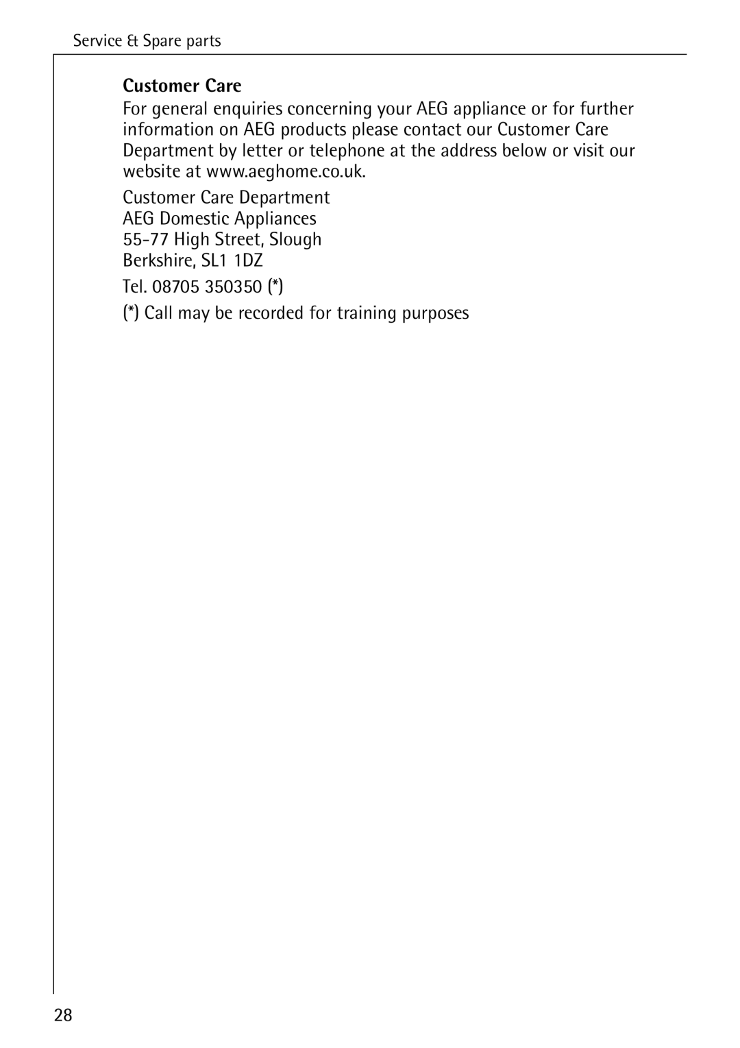 Electrolux C65030K Customer Care Department AEG Domestic Appliances, Tel Call may be recorded for training purposes 