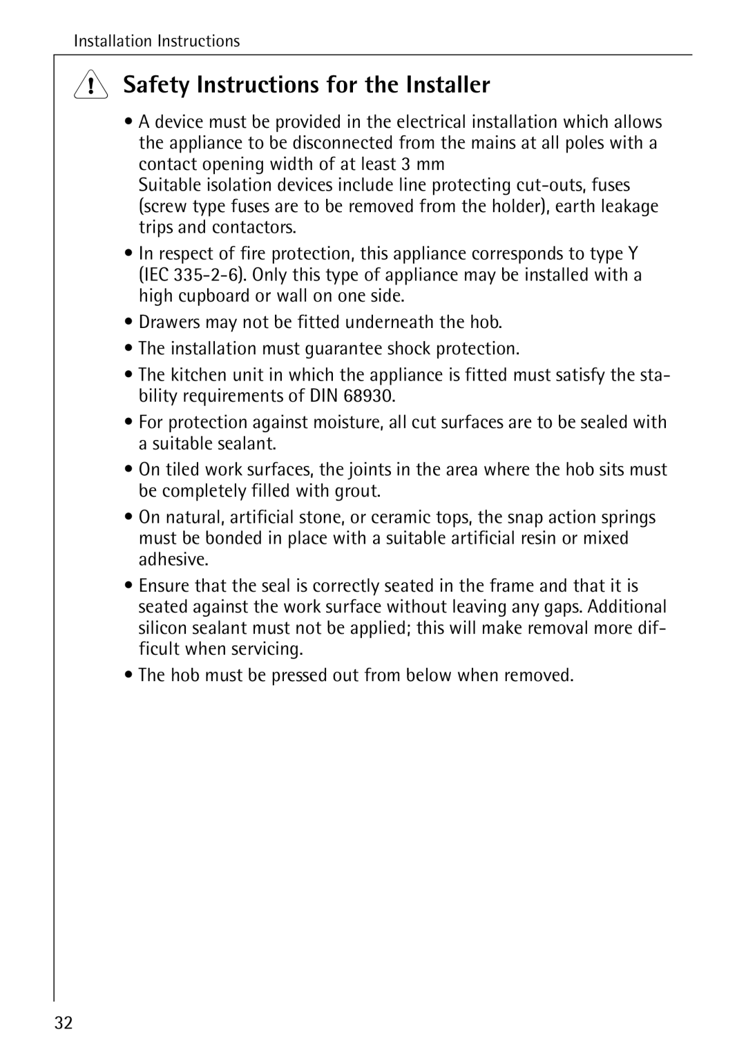 Electrolux C65030K operating instructions Safety Instructions for the Installer 