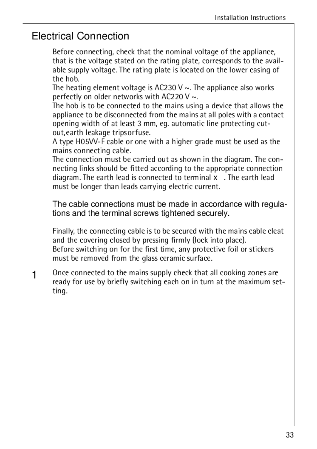 Electrolux C65030K operating instructions Electrical Connection, Tions and the terminal screws tightened securely 