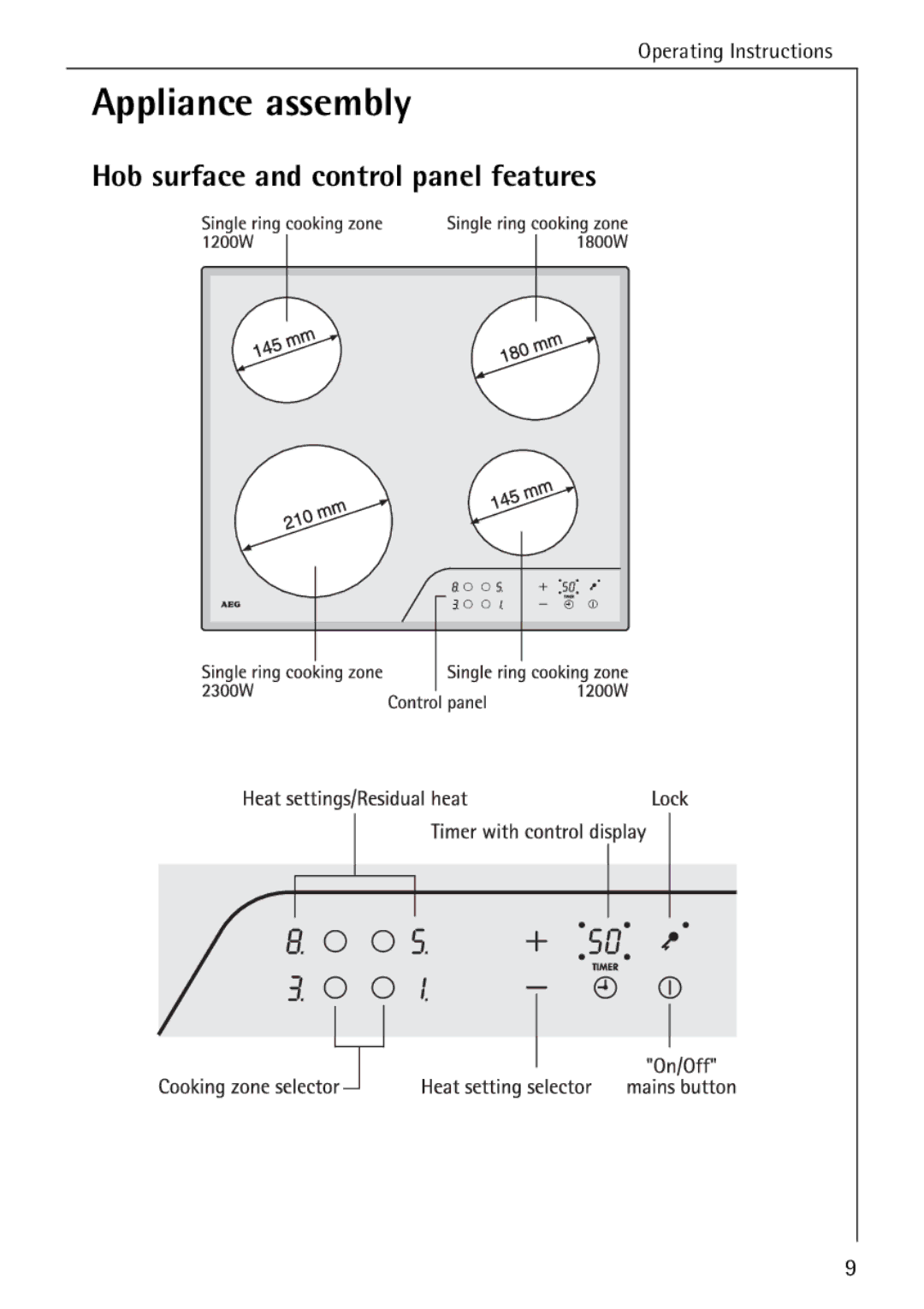 Electrolux C65030K operating instructions Appliance assembly, Hob surface and control panel features 