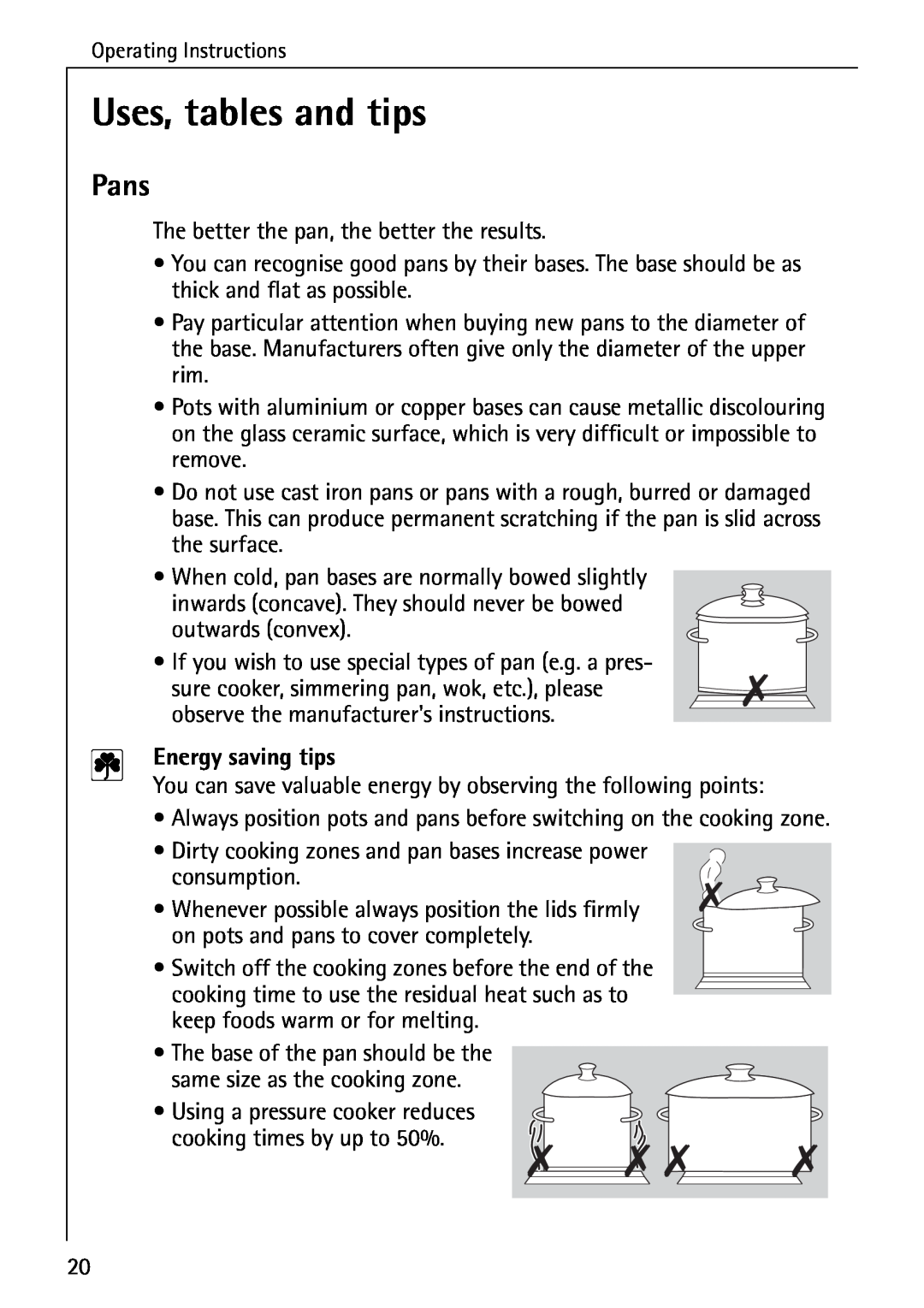 Electrolux C65030K operating instructions Uses, tables and tips, Pans, Energy saving tips 