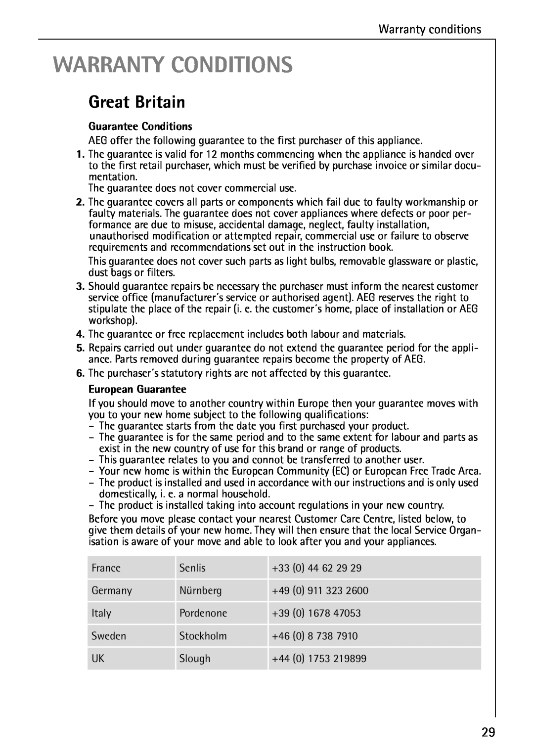 Electrolux C65030K operating instructions Warranty Conditions, Great Britain, Guarantee Conditions, European Guarantee 