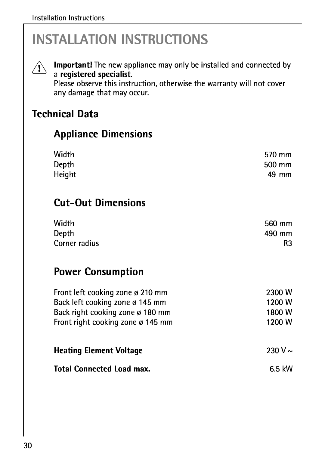 Electrolux C65030K Installation Instructions, Technical Data Appliance Dimensions, Cut-OutDimensions, Power Consumption 