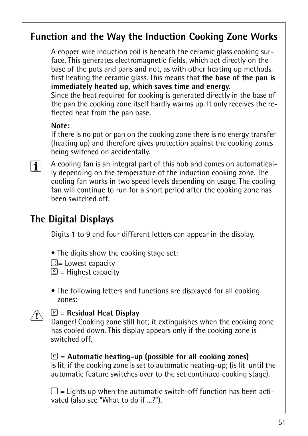 Electrolux C67600K operating instructions Function and the Way the Induction Cooking Zone Works, Digital Displays 