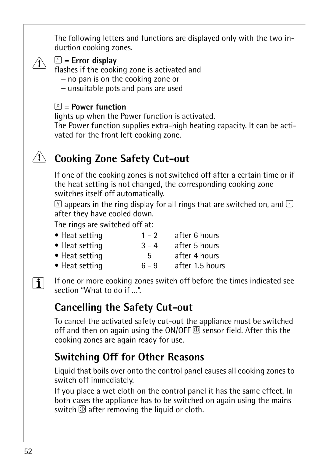 Electrolux C67600K Cooking Zone Safety Cut-out, Cancelling the Safety Cut-out, Switching Off for Other Reasons 