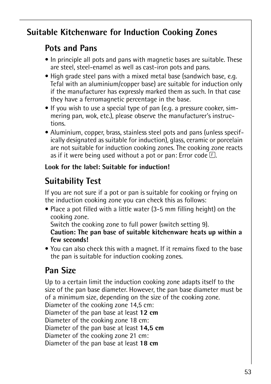 Electrolux C67600K operating instructions Suitability Test, Pan Size, Look for the label Suitable for induction 