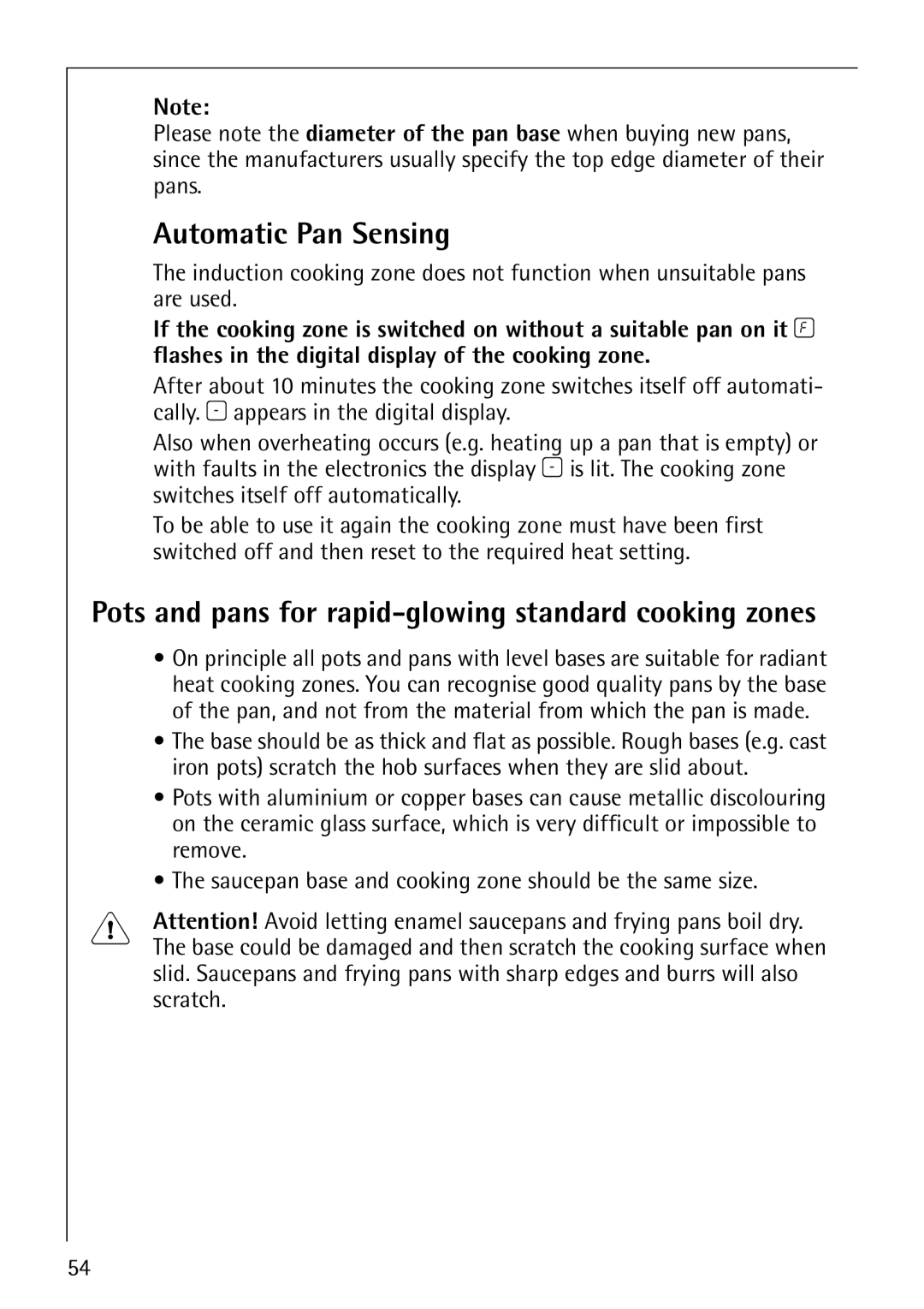 Electrolux C67600K operating instructions Automatic Pan Sensing, Pots and pans for rapid-glowing standard cooking zones 