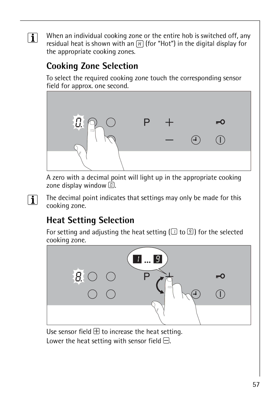 Electrolux C67600K operating instructions Cooking Zone Selection, Heat Setting Selection 