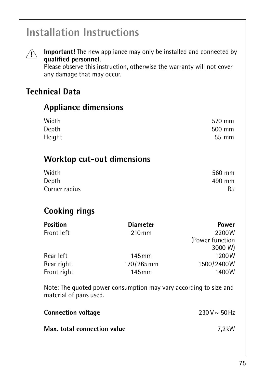 Electrolux C67600K operating instructions Technical Data Appliance dimensions, Worktop cut-out dimensions, Cooking rings 