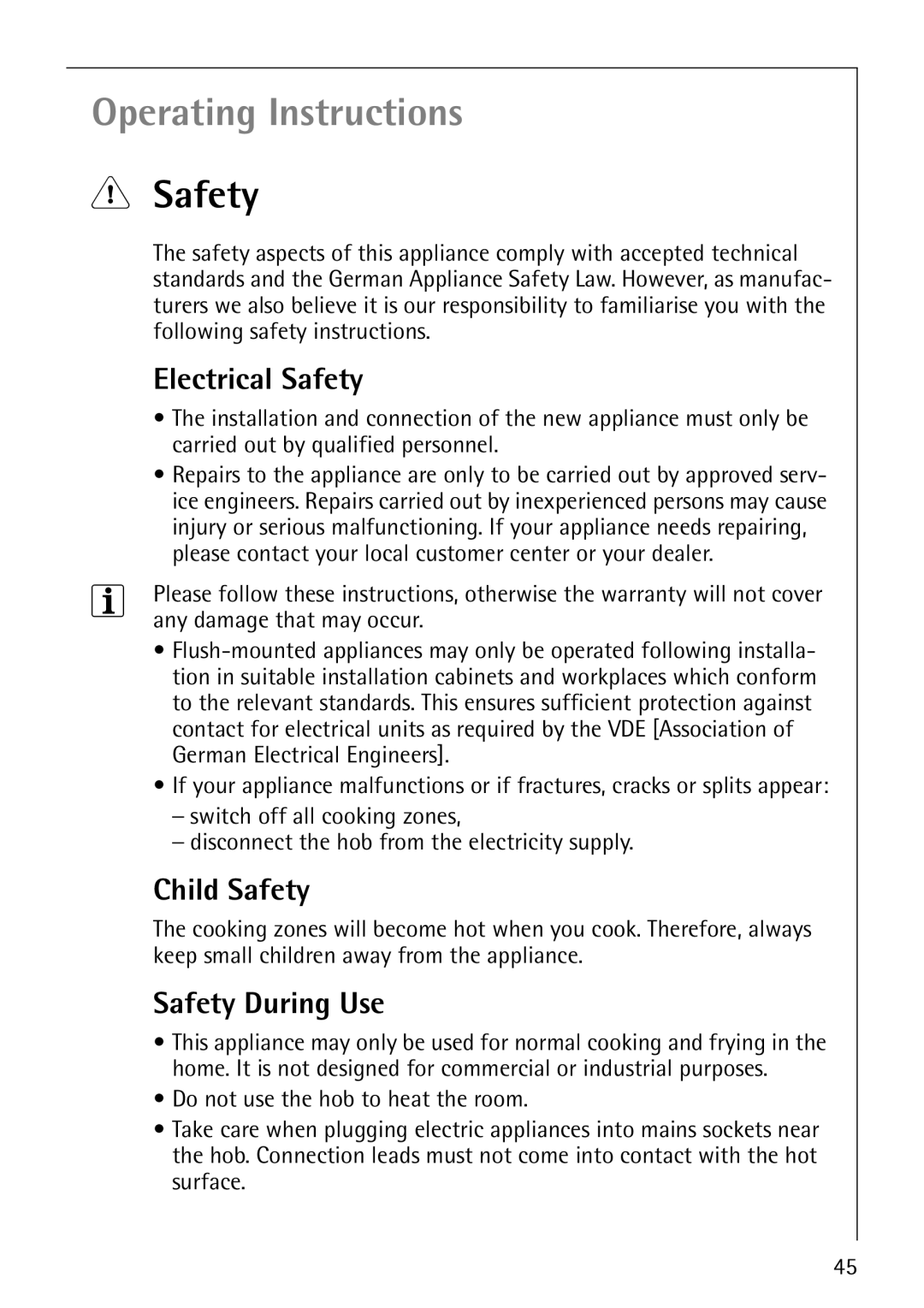 Electrolux C67600K operating instructions Electrical Safety, Child Safety, Safety During Use 