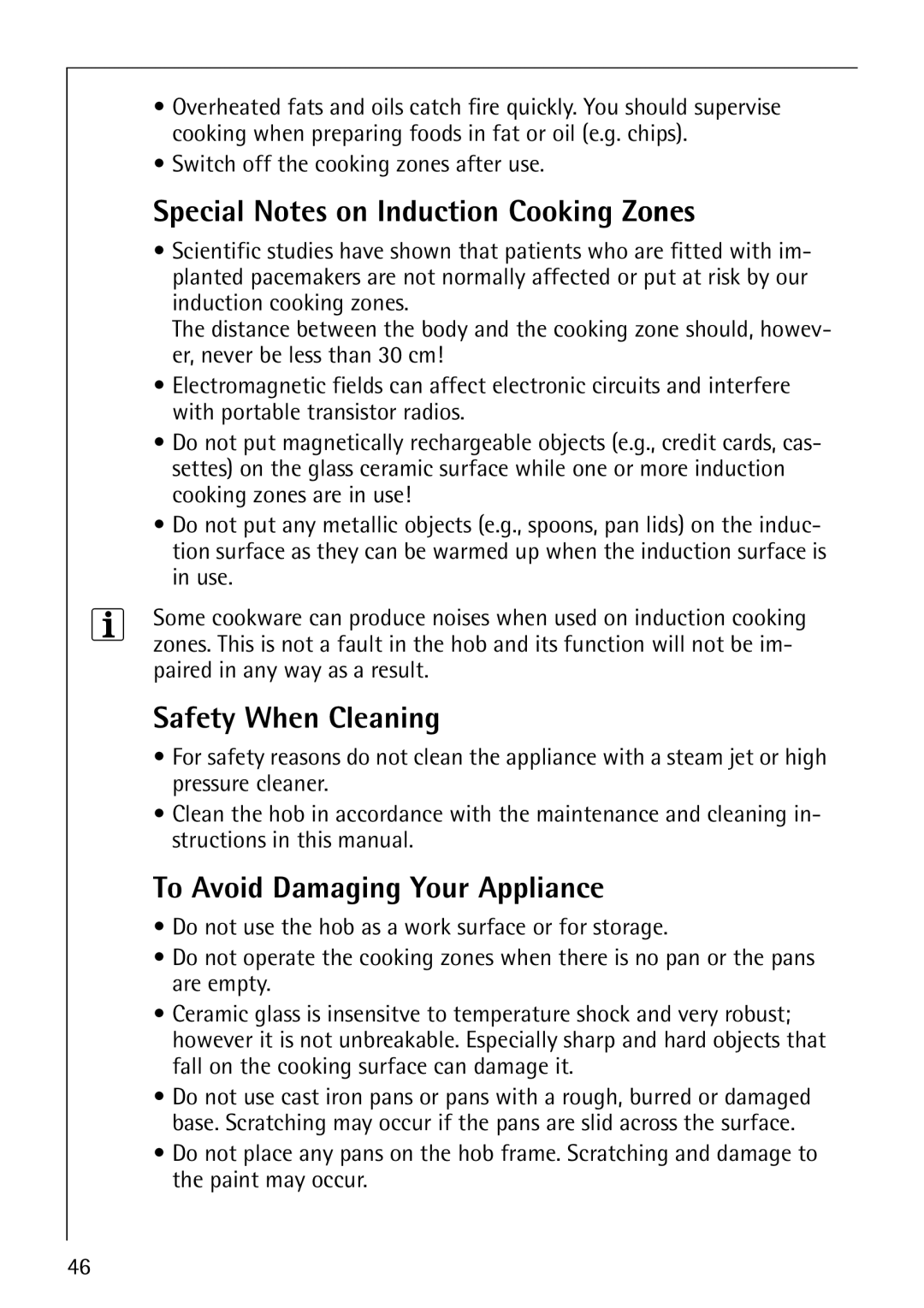 Electrolux C67600K Special Notes on Induction Cooking Zones, Safety When Cleaning, To Avoid Damaging Your Appliance 