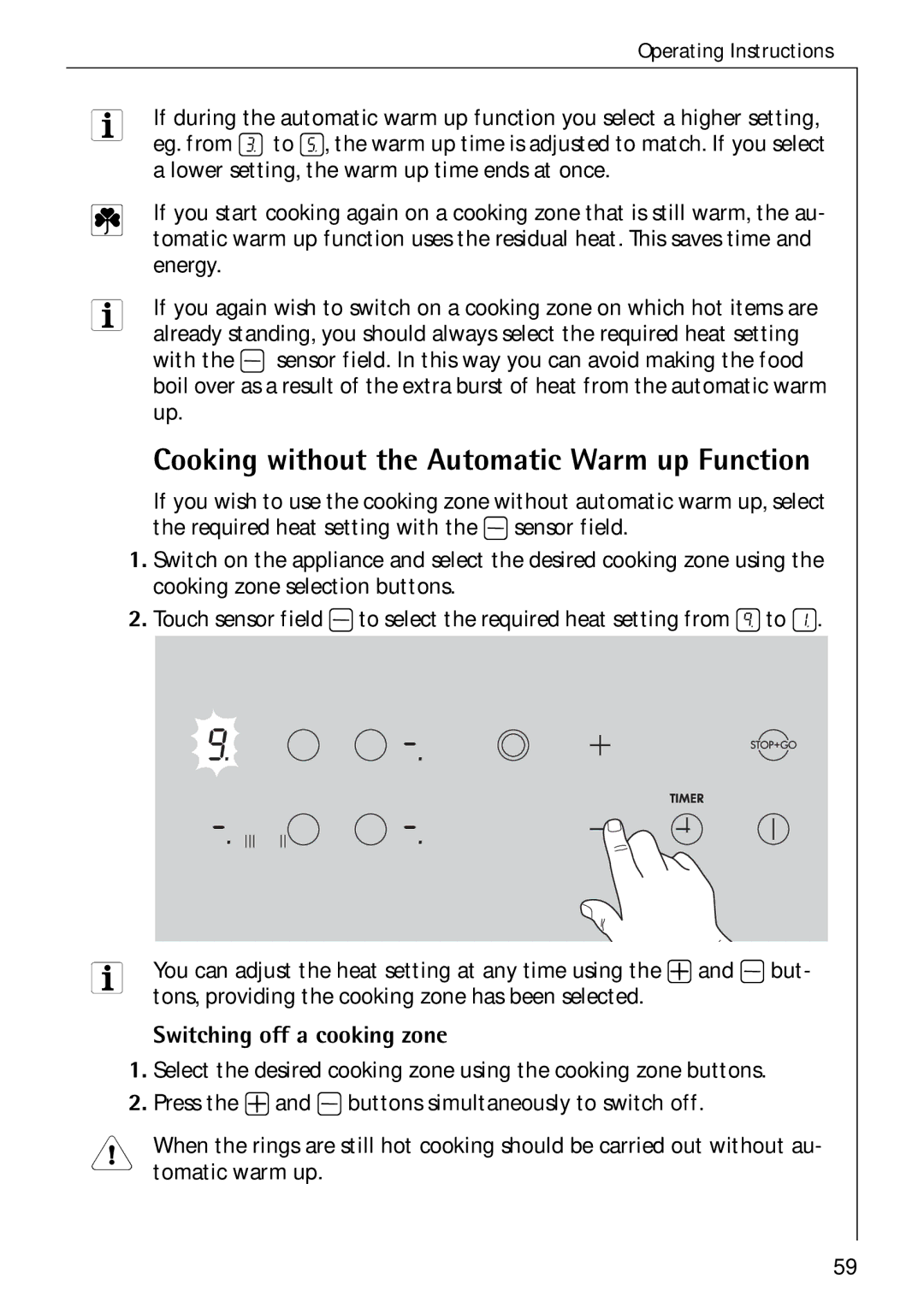 Electrolux C75301K Cooking without the Automatic Warm up Function, Lower setting, the warm up time ends at once, Energy 