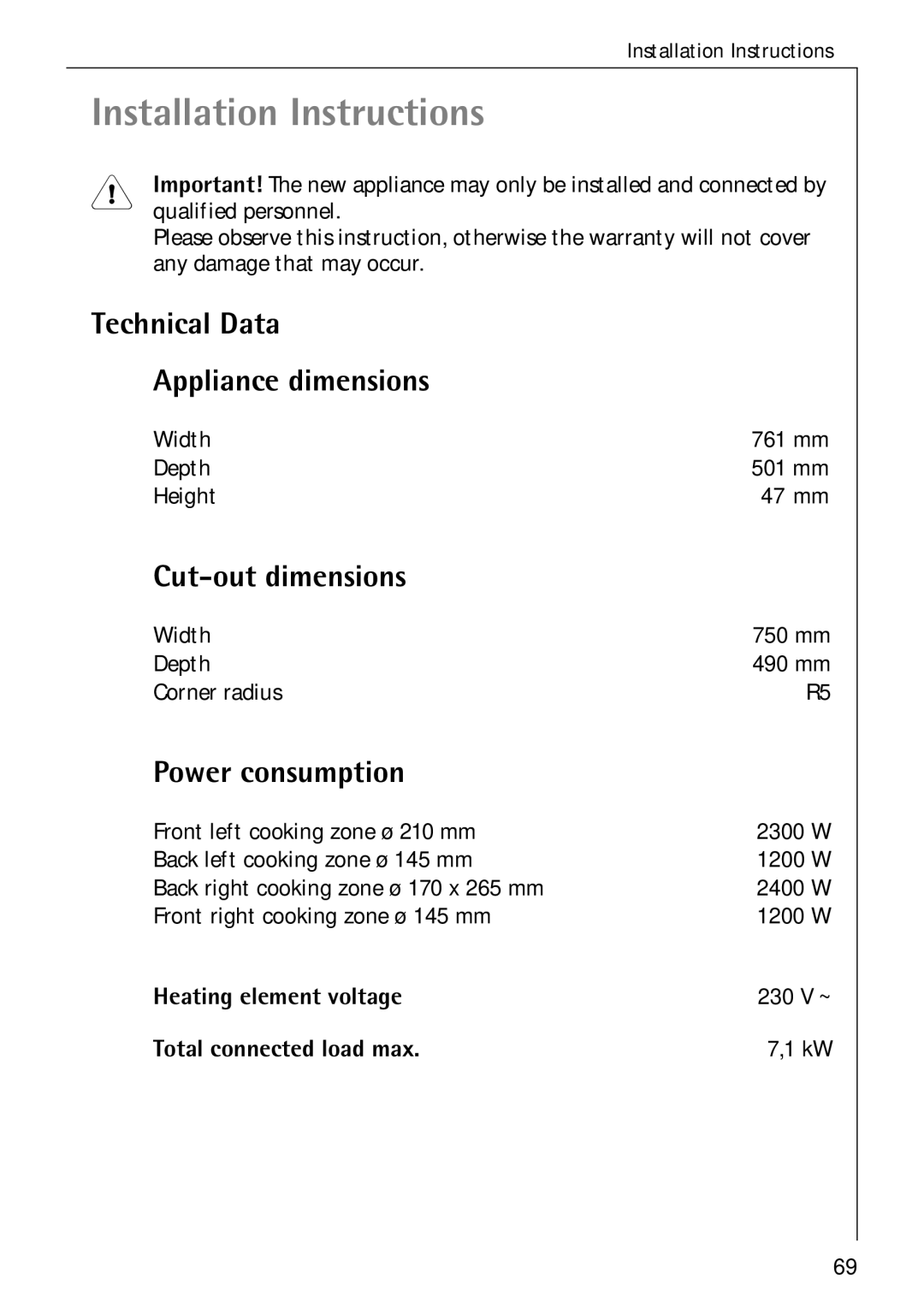 Electrolux C75301K Technical Data Appliance dimensions, Cut-out dimensions, Power consumption, Heating element voltage 