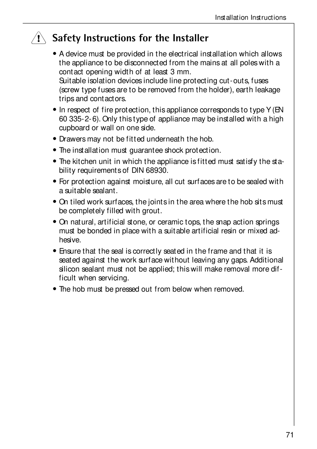 Electrolux C75301K operating instructions Safety Instructions for the Installer 