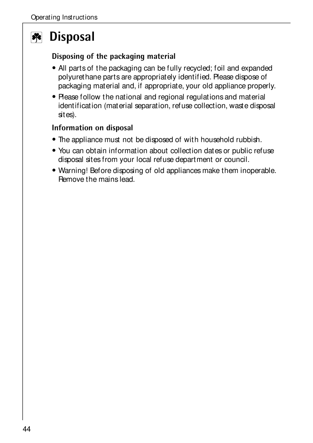 Electrolux C75301K operating instructions Disposal, Disposing of the packaging material, Information on disposal 