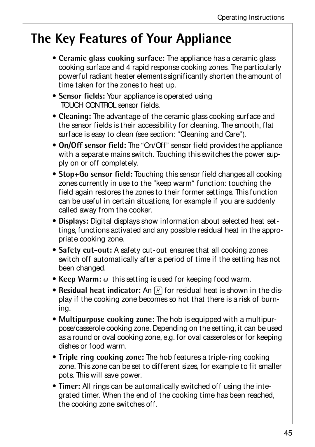 Electrolux C75301K operating instructions Key Features of Your Appliance 