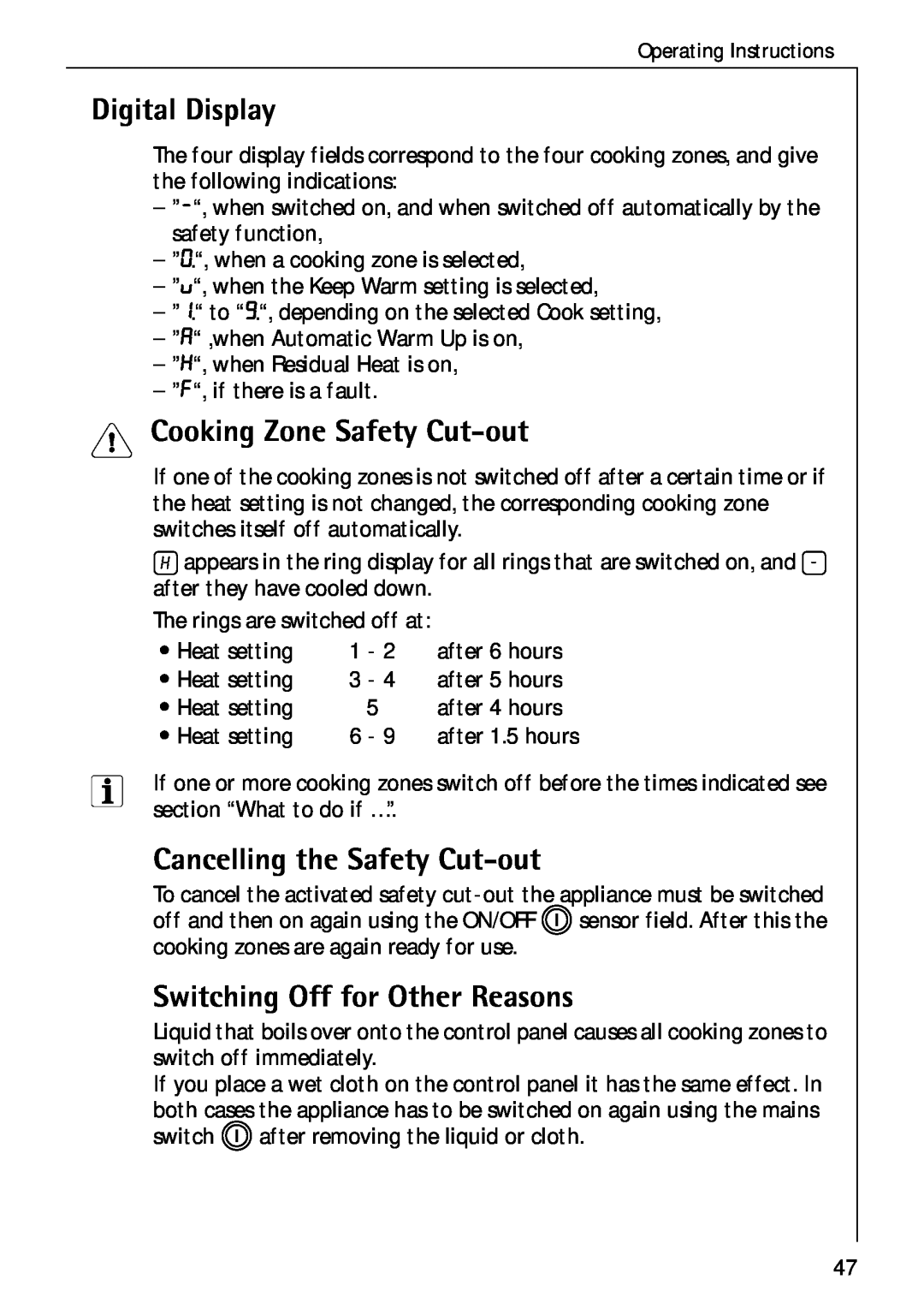 Electrolux C75301K operating instructions Digital Display, Cooking Zone Safety Cut-out, Cancelling the Safety Cut-out 