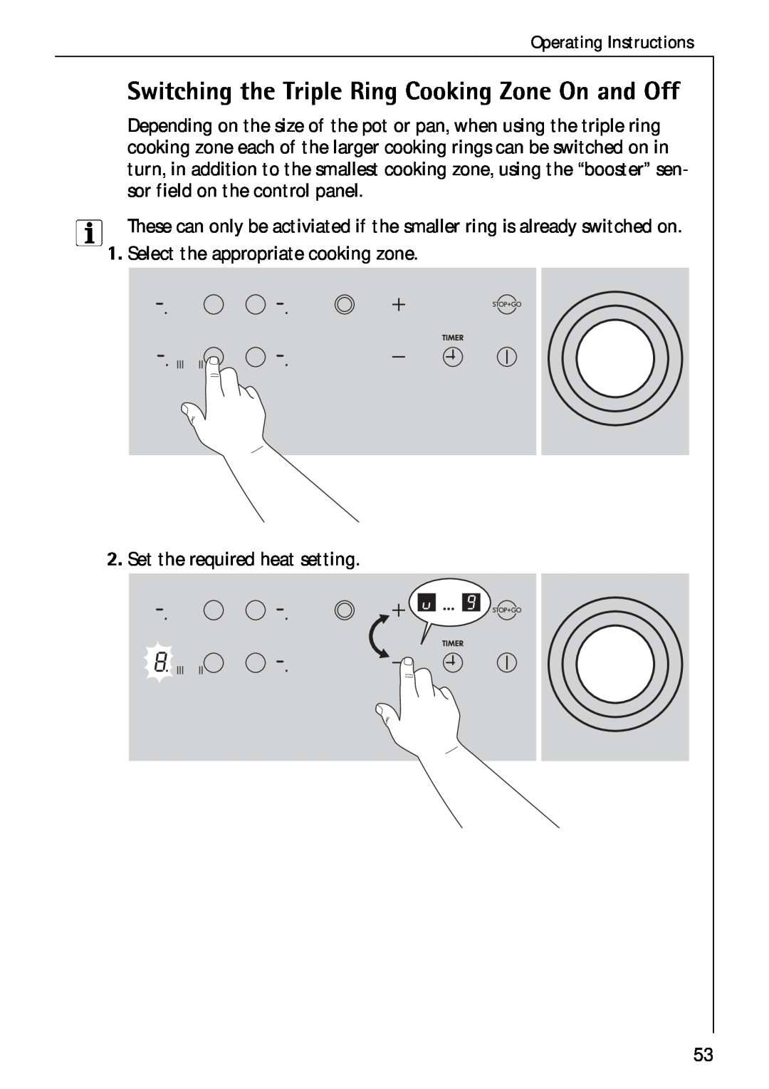 Electrolux C75301K operating instructions Switching the Triple Ring Cooking Zone On and Off 