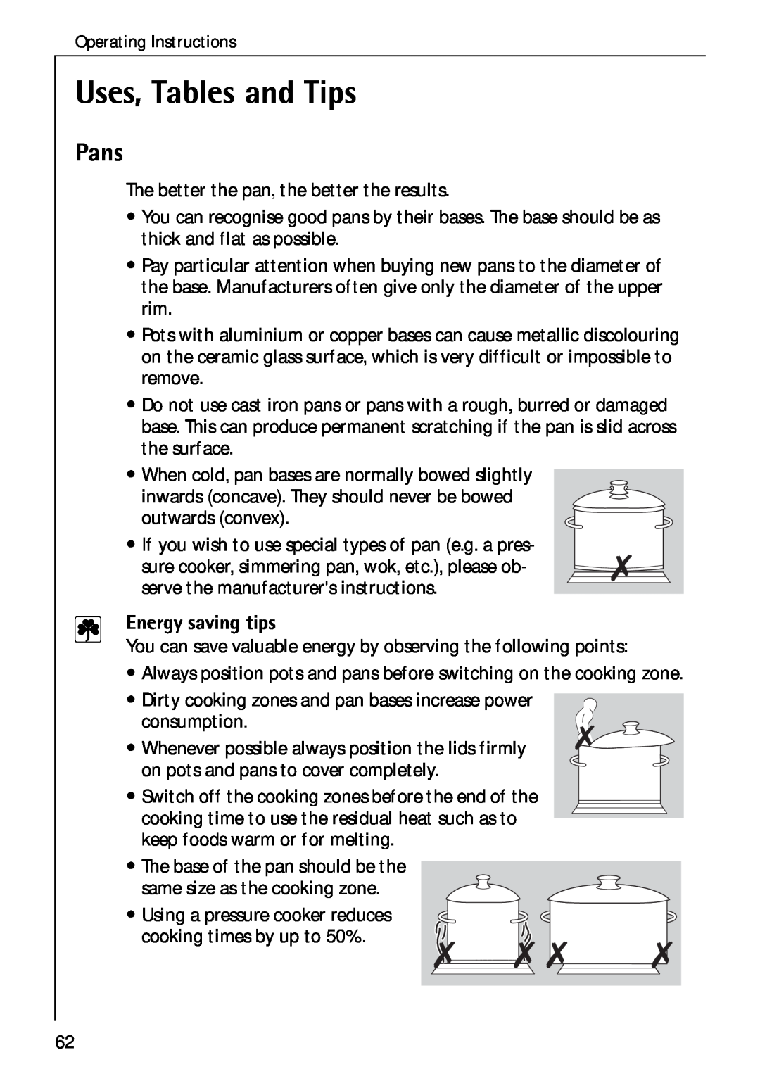 Electrolux C75301K operating instructions Uses, Tables and Tips, Pans, Energy saving tips 