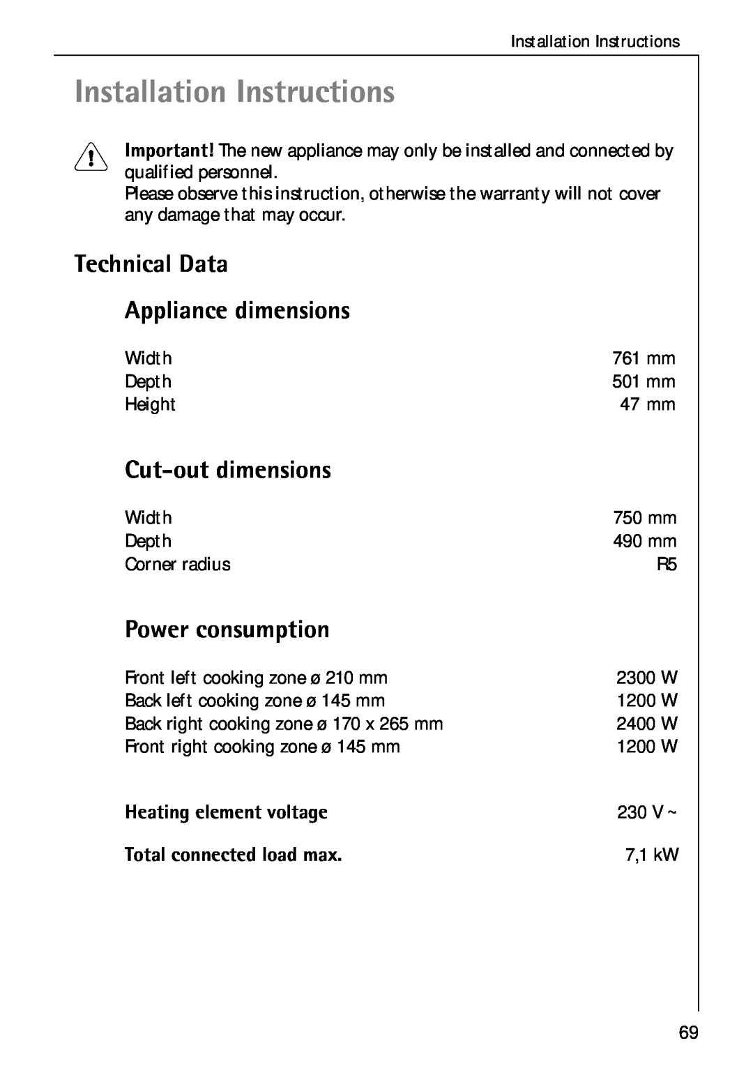 Electrolux C75301K Installation Instructions, Technical Data, Appliance dimensions, Cut-outdimensions, Power consumption 