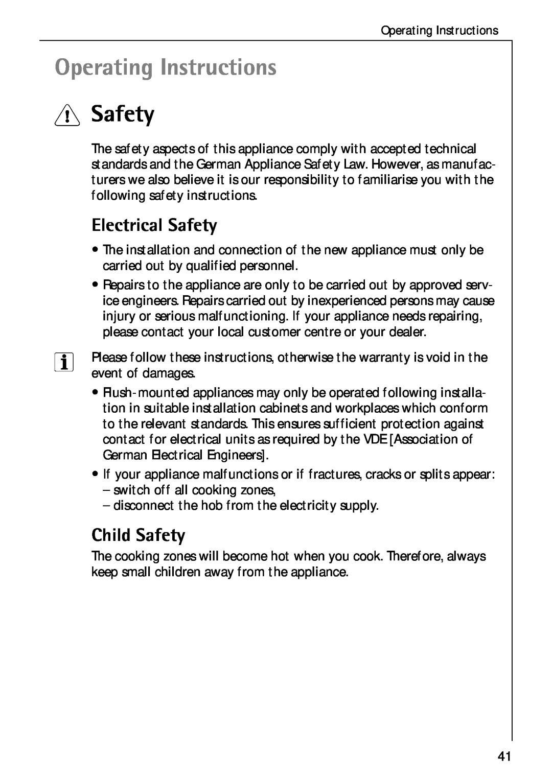 Electrolux C75301K operating instructions Operating Instructions, 1Safety, Electrical Safety, Child Safety 