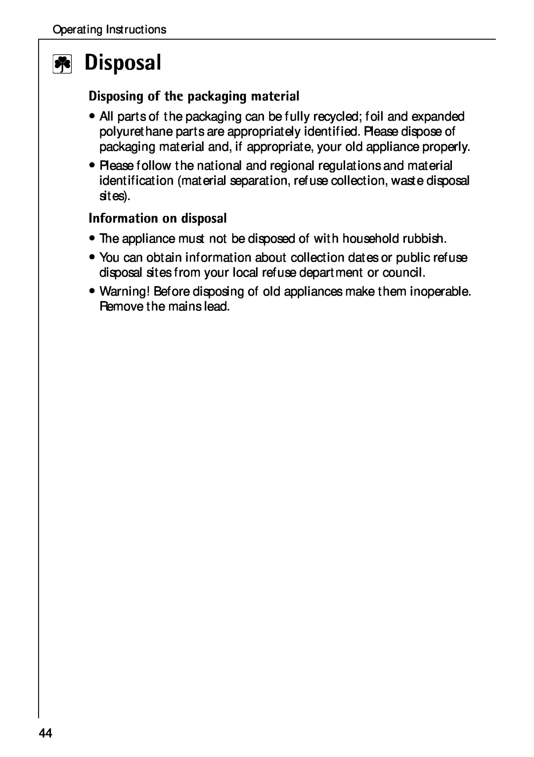 Electrolux C75301K operating instructions 2Disposal, Disposing of the packaging material, Information on disposal 