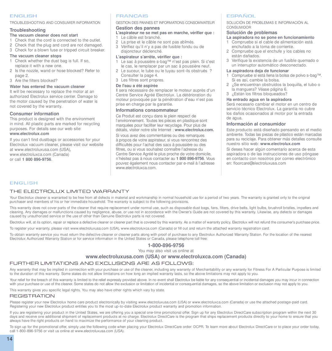 Electrolux CANISTER SERIES manual Troubleshooting, Consumer information, Gestion des pannes, Informations consommateur 