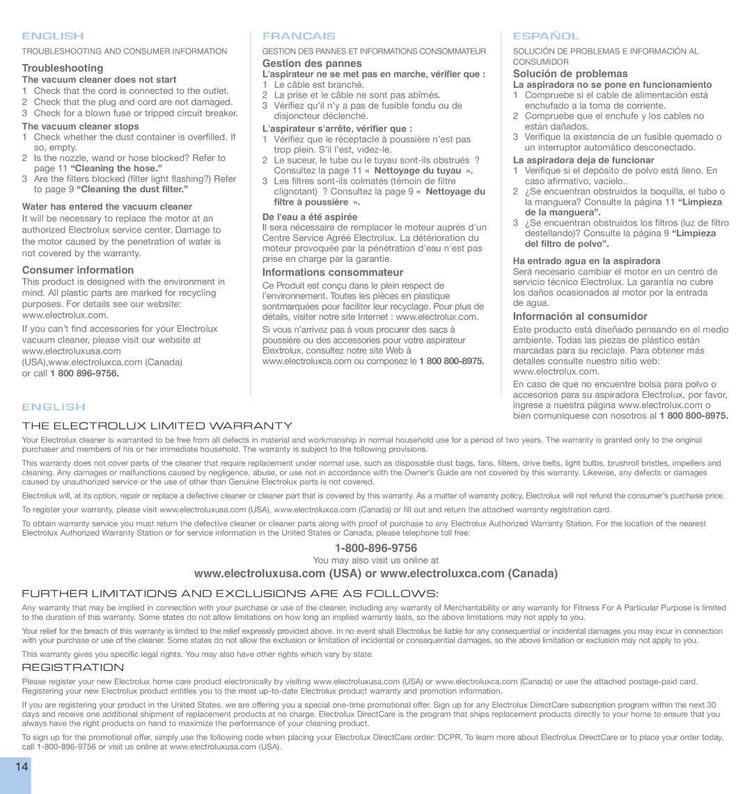 Electrolux CANISTER manual Troubleshooting, Consumer information, Gestion des pannes, Informations consommateur 