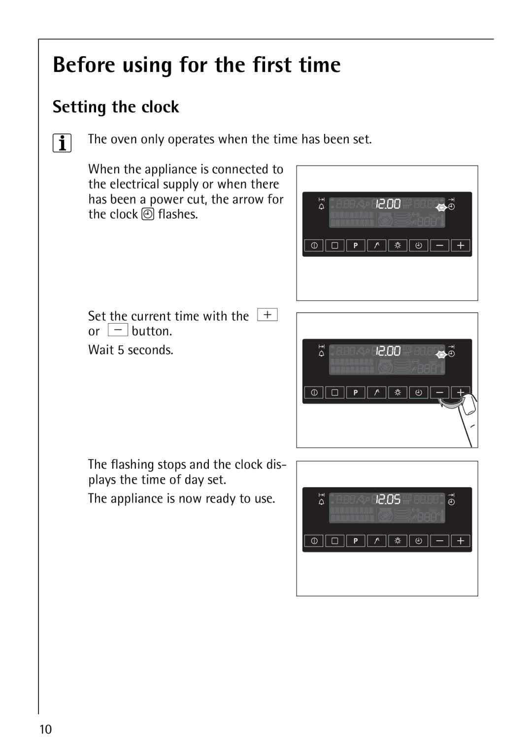 Electrolux CB8920-1 Before using for the first time, Setting the clock, Oven only operates when the time has been set 