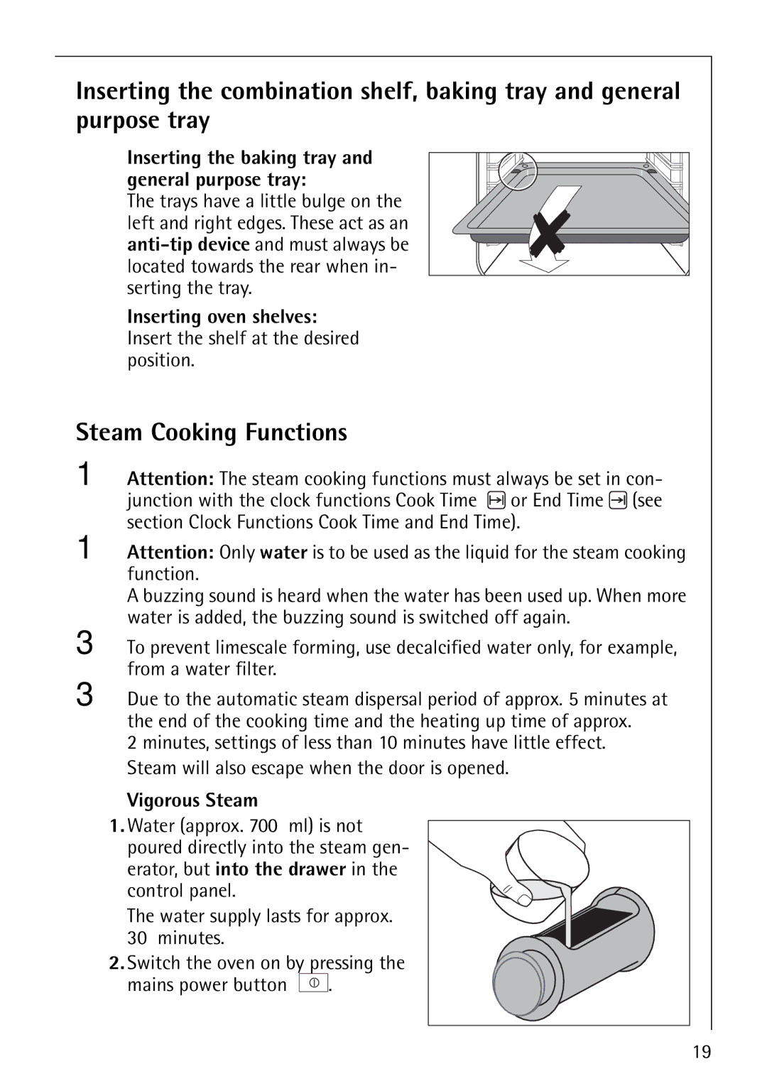 Electrolux CB8920-1 operating instructions Steam Cooking Functions, Inserting the baking tray and general purpose tray 