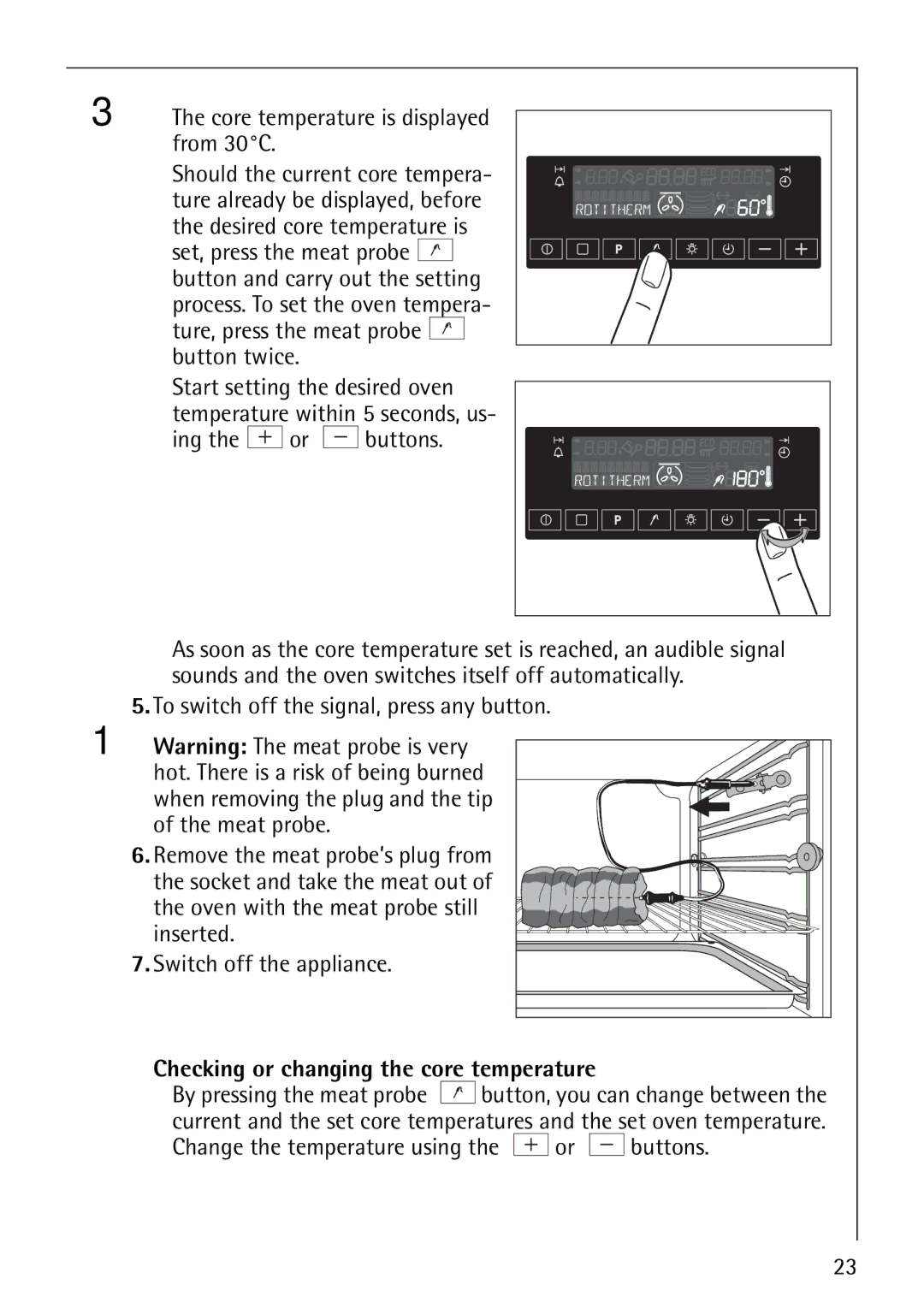 Electrolux CB8920-1 Core temperature is displayed from 30C, Ing the or buttons, Checking or changing the core temperature 