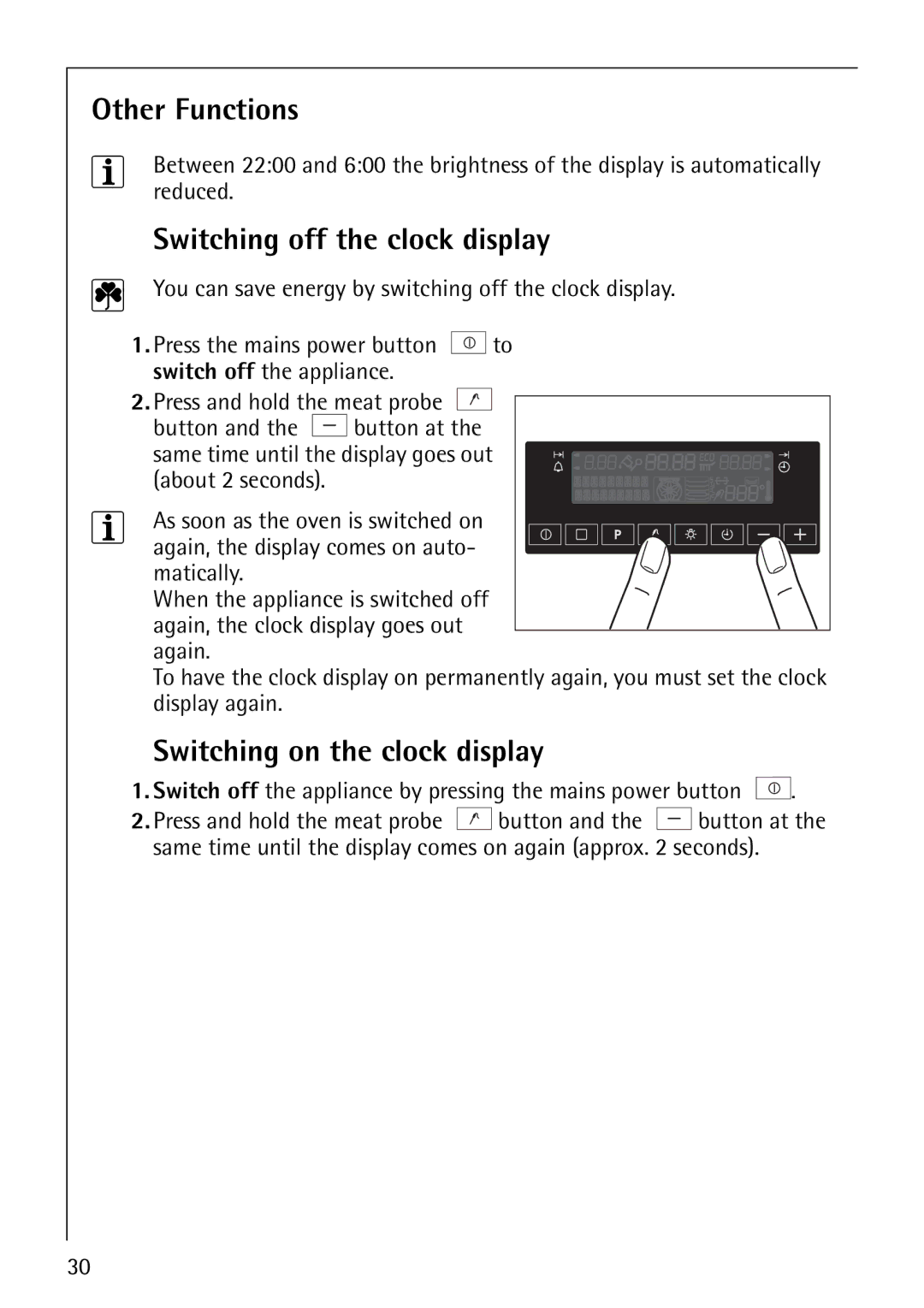 Electrolux CB8920-1 operating instructions Other Functions, Switching off the clock display, Switching on the clock display 