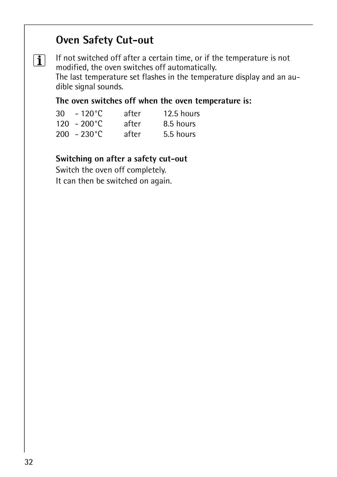 Electrolux CB8920-1 operating instructions Oven Safety Cut-out, Oven switches off when the oven temperature is, 120C After 