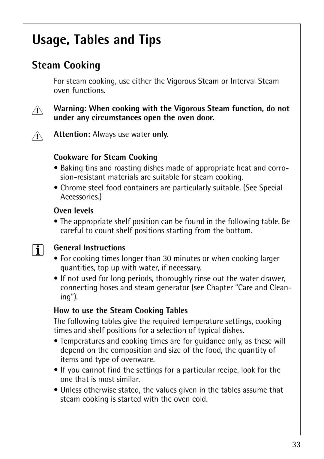 Electrolux CB8920-1 operating instructions Usage, Tables and Tips, Steam Cooking 