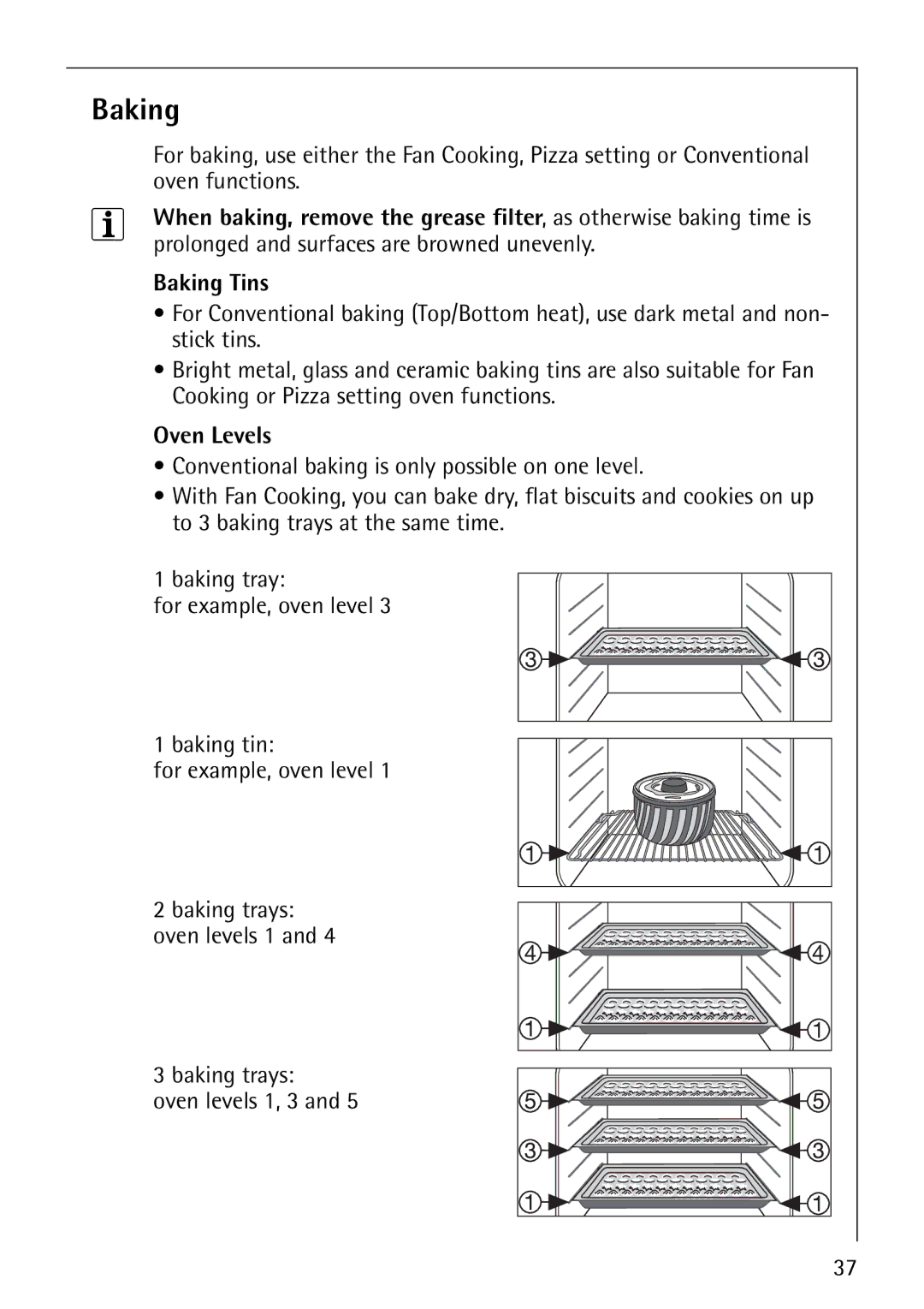 Electrolux CB8920-1 operating instructions Baking Tins, Baking trays Oven levels 1, 3 