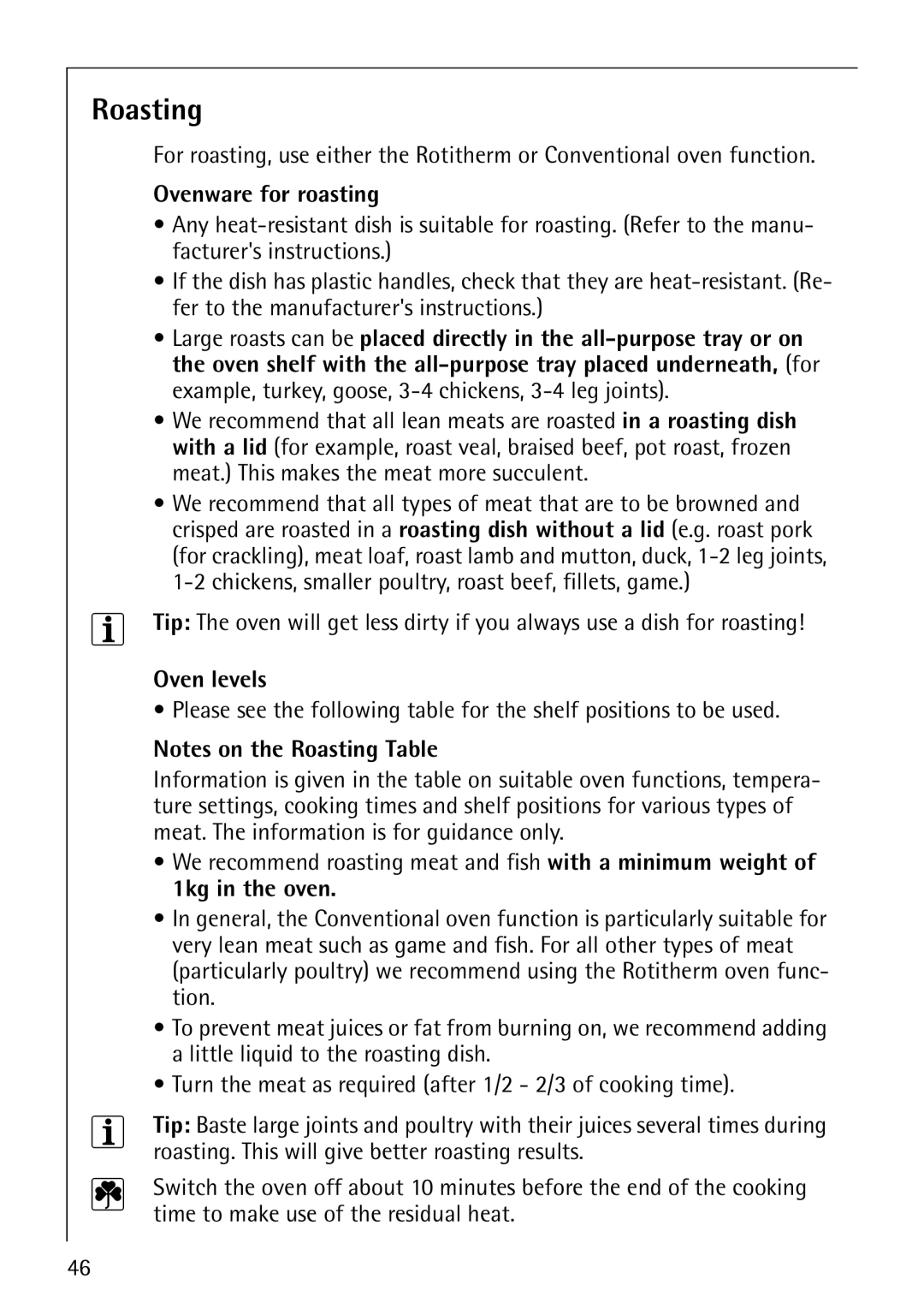 Electrolux CB8920-1 operating instructions Roasting, Ovenware for roasting 