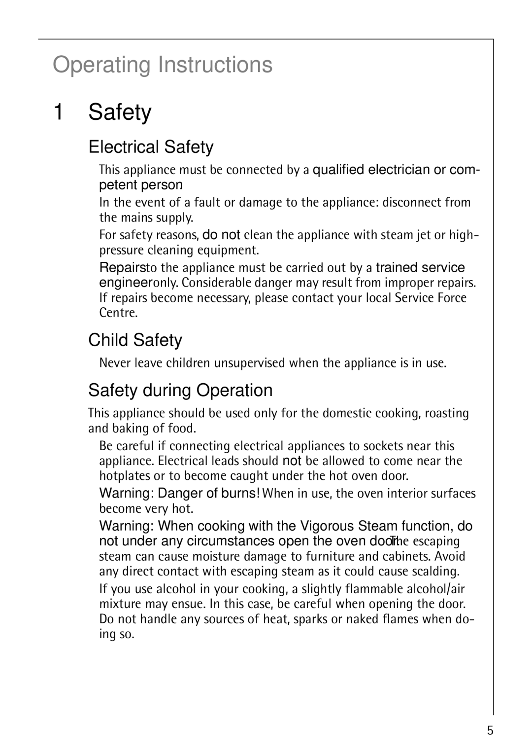 Electrolux CB8920-1 operating instructions Electrical Safety, Child Safety, Safety during Operation 