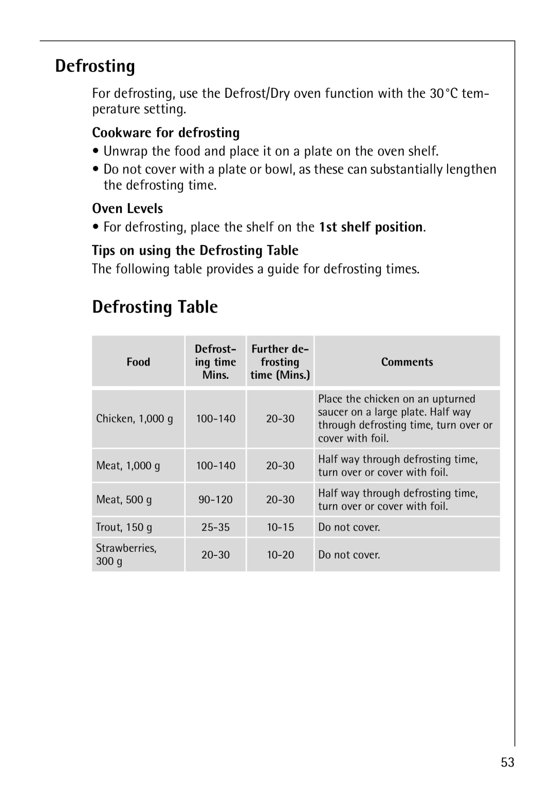 Electrolux CB8920-1 operating instructions Cookware for defrosting, Tips on using the Defrosting Table 